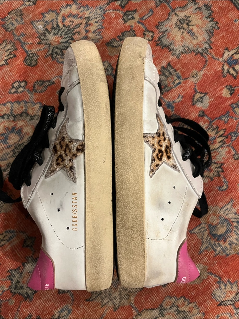 Golden Goose White Leather Sneakers with Leopard Star and Pink Heel Tab